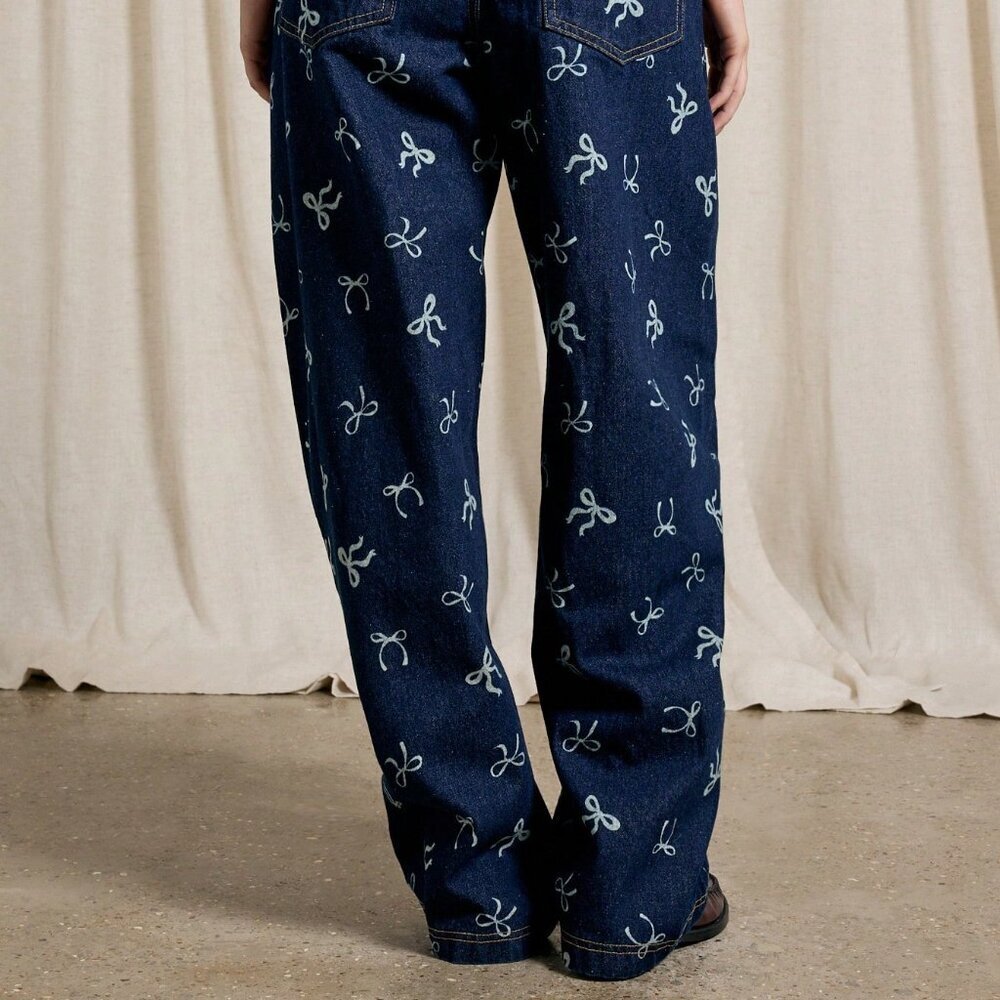 Blue Casual Women's Bow Print Baggy Jean - Picture 3 of 6